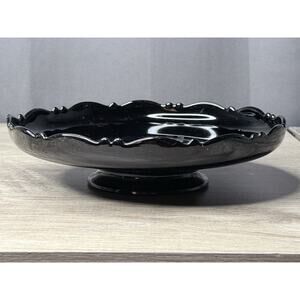 LE Smith Black Amethyst Glass Low Pedestal Dish 9" wide 2.5" tall